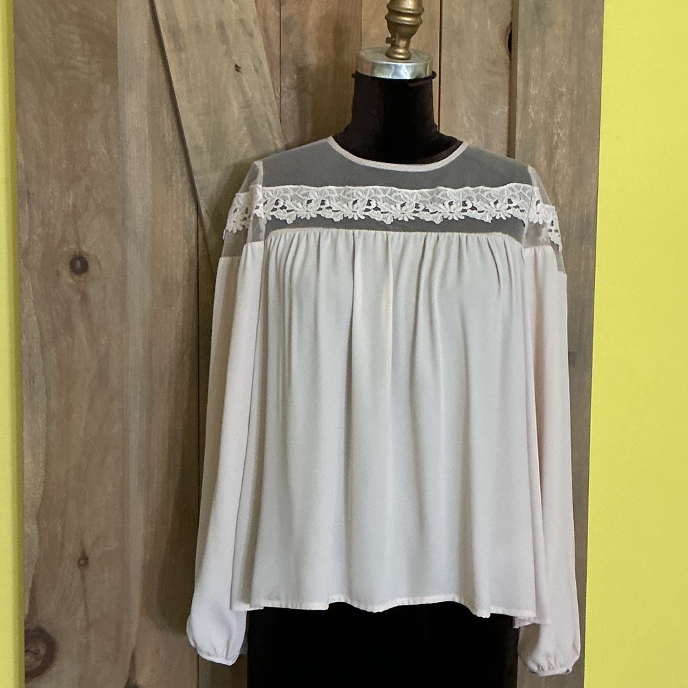Express Light Pink Lace Yoke Long Sleeve Blouse
